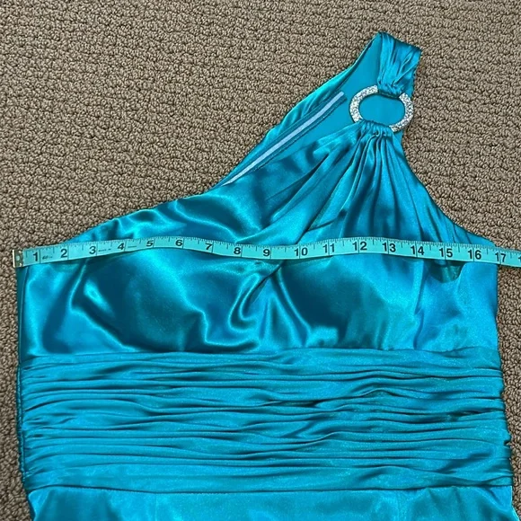 Adrianna Papell Boutique Teal Green Sheath Dress size 14 One Shoulder Satin - Picture 12 of 16